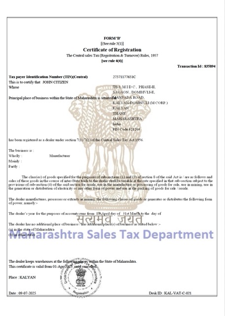 India Maharashtra certificate of taxpayer registration Word and PDF template